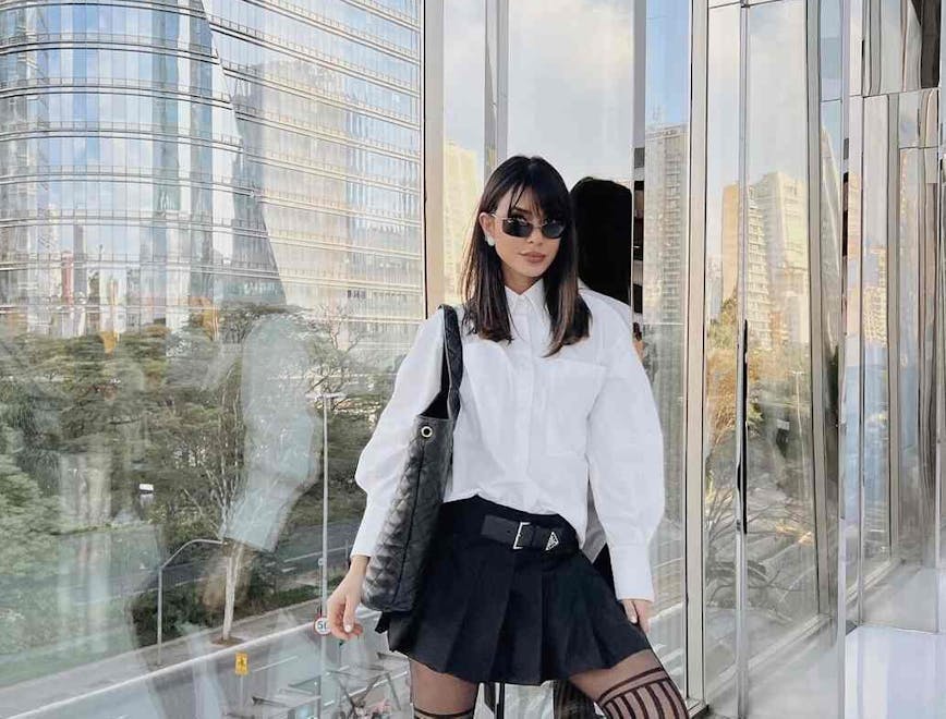 female girl person teen clothing skirt hosiery coat handbag car