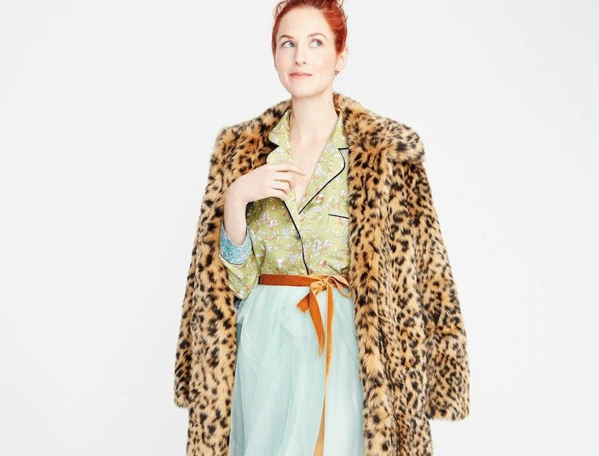 clothing apparel female person human dress sleeve coat overcoat