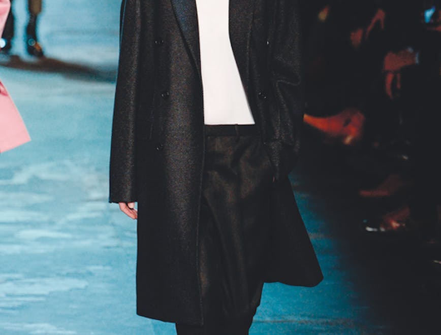 coat clothing apparel fashion person human premiere runway