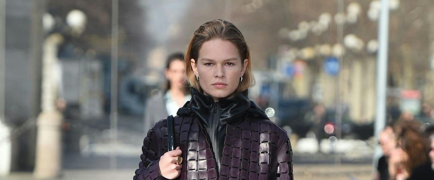 clothing apparel person human jacket coat female