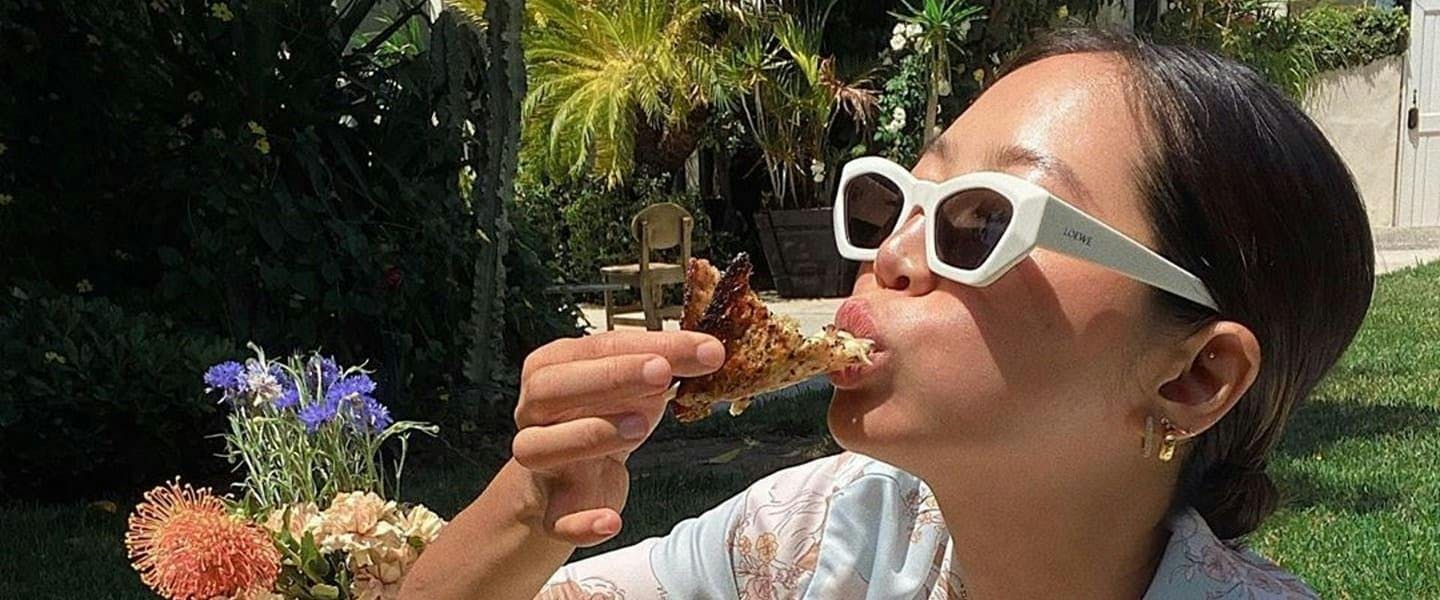 sunglasses accessories accessory person human glasses eating food pizza