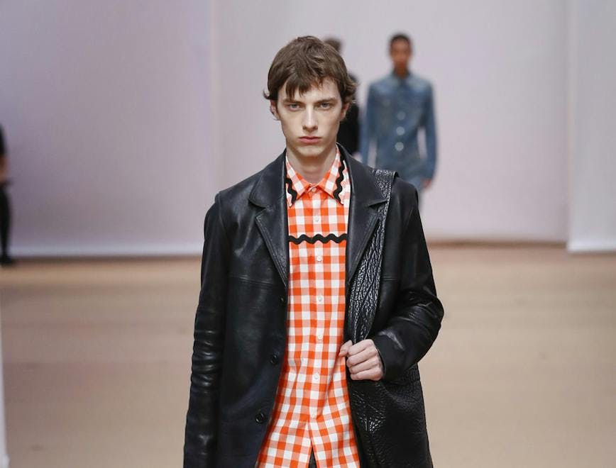clothing apparel person human coat runway fashion