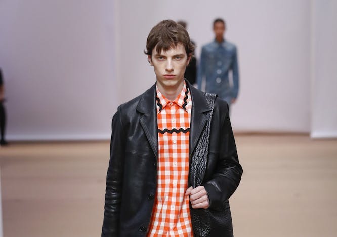 clothing apparel person human coat runway fashion