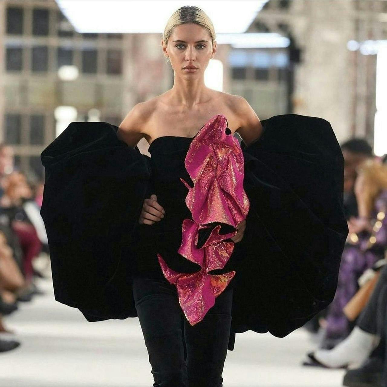 person woman adult female fashion cape clothing velvet dress
