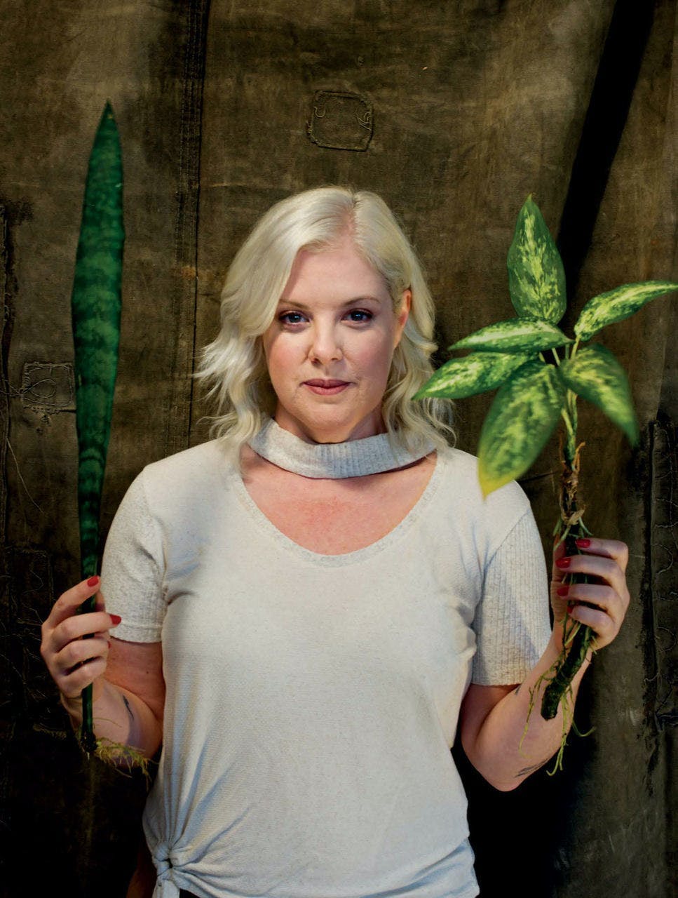 portrait photography person finger woman adult female blonde t-shirt leaf