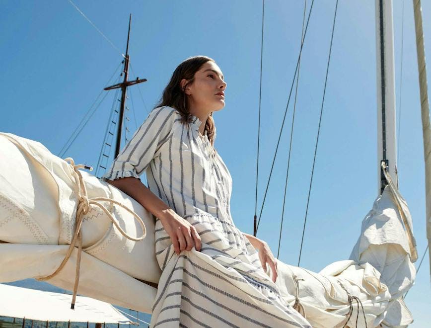 adult female person woman sailboat transportation vehicle yacht beachwear clothing