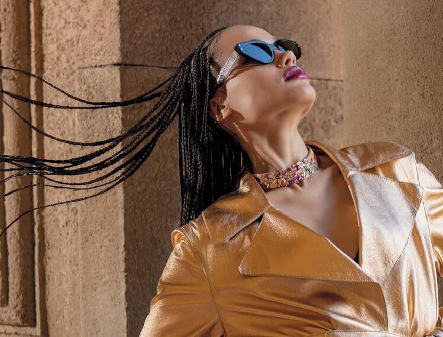 head person face accessories sunglasses adult female woman blouse coat