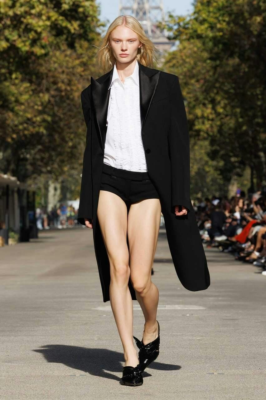 formal wear suit shoe coat shorts high heel adult female person woman