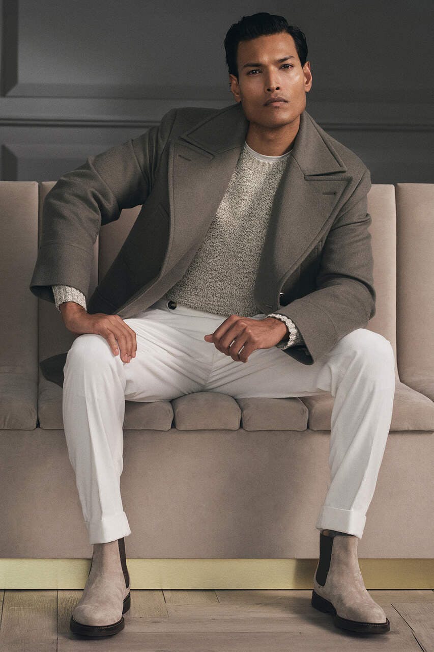 person sitting formal wear suit adult male man blazer coat pajamas