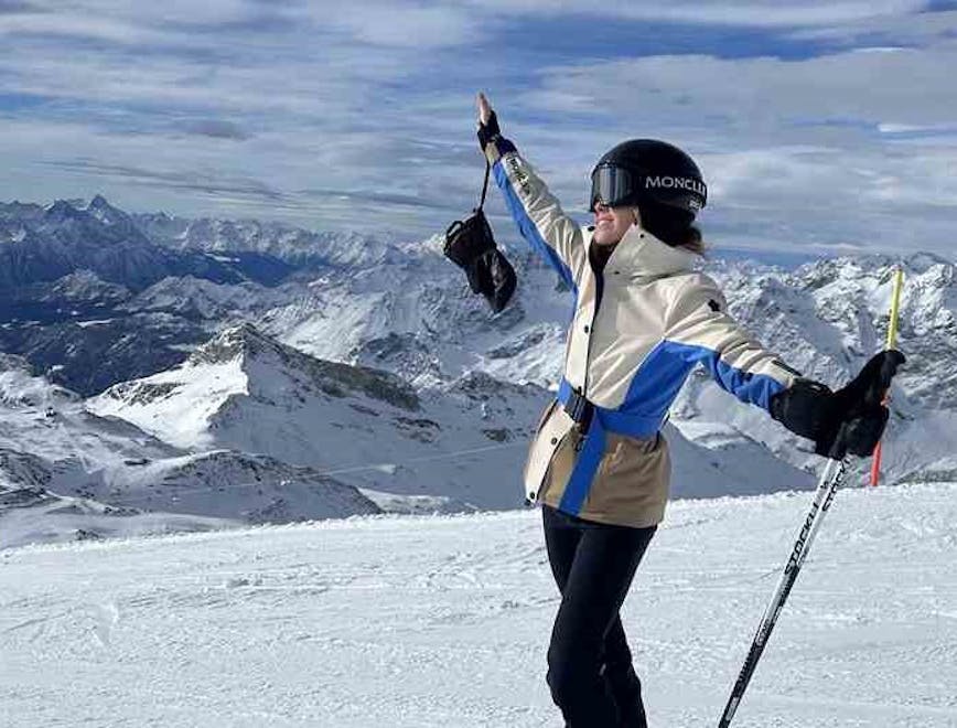 nature outdoors clothing glove peak person piste snow skiing helmet