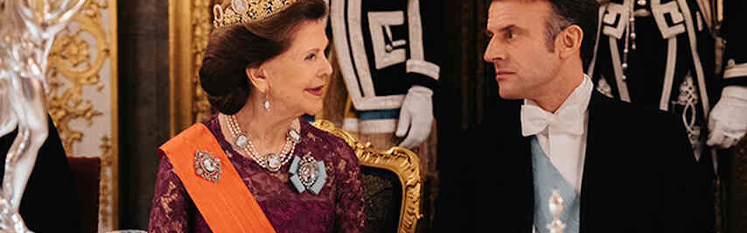 Rainha Silvia da Suécia e o presidente da França, Emmanuel Macron (Foto: Clément Morin/The Royal Court of Sweden)