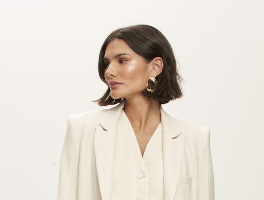 blazer coat jacket formal wear suit face head portrait accessories earring
